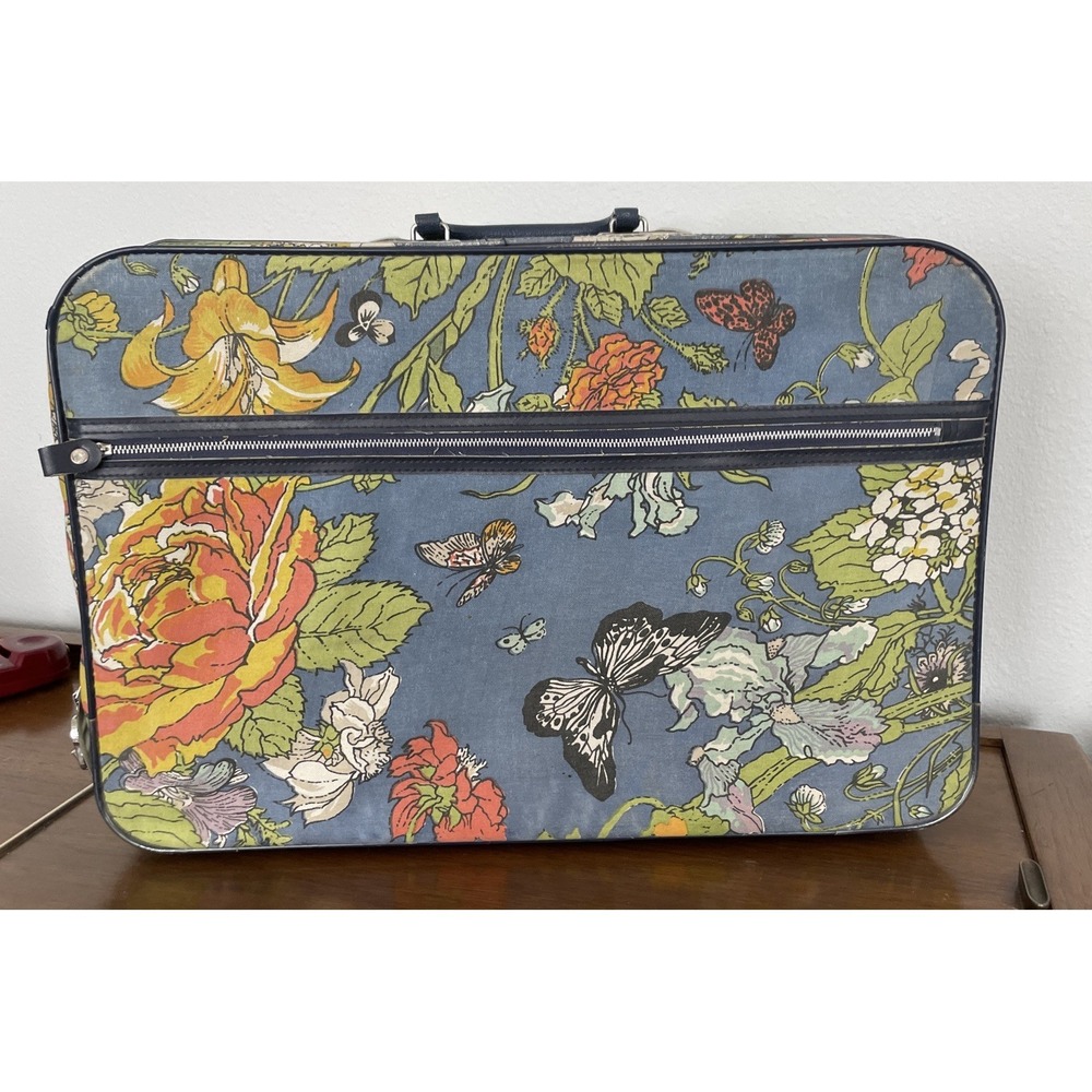 Vintage Retro Floral Butterflies 70's Travelware Bag‎ Blue Canvas